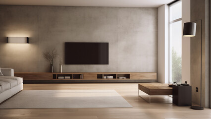 Modern living room with wooden tv cabinet. Generative ai and digital editing.