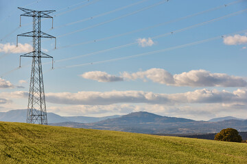 Power lines. Energy industry. Industrial electricity distribution. Renewable production