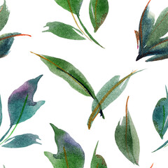 Peony leaves botanical green white watercolor seamless pattern. Floral ditsy decor