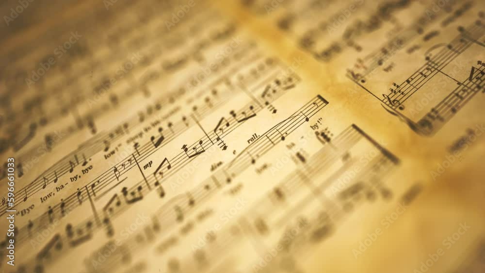 Poster vintage music partition score background/ 4k motion graphics of a vintage close up of old music part