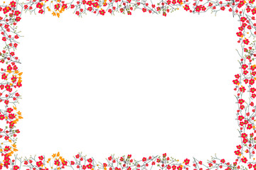 Creative art frame with white empty space for your text. Useful for photo cards,school invitations,advertising. Design template with red and yellow ditsy field flowers.