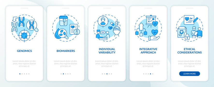 Precision medicine concepts blue onboarding mobile app screen. Walkthrough 5 steps editable graphic instructions with linear concepts. UI, UX, GUI template. Myriad Pro-Bold, Regular fonts used