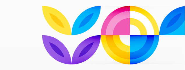 Obraz premium Abstract background - minimalist circles and round elements composition with varying sizes circles and other geometric shapes. The elements are arranged symmetrically in a grid-like pattern