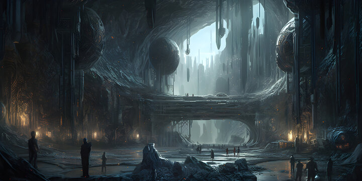 an alien city beneath a vantablack sun, epic scifi blackhole interplanetary spacecore , mysterious series ineffable mood, very detailed, negative space, massive scale, Generative AI