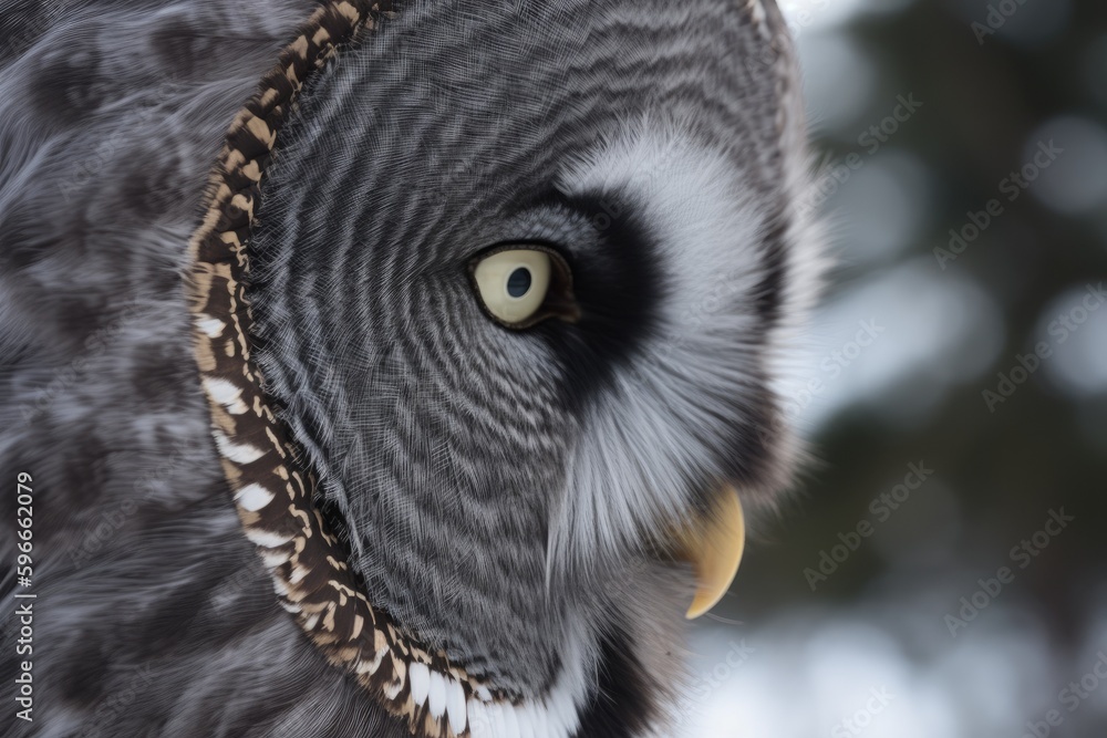 Poster an owls face in a forest setting. generative ai