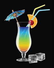 A transparent glass with a multi-colored refreshing cocktail, decorated with a cocktail umbrella and a slice of lemon, on a white background. Highly realistic illustration.