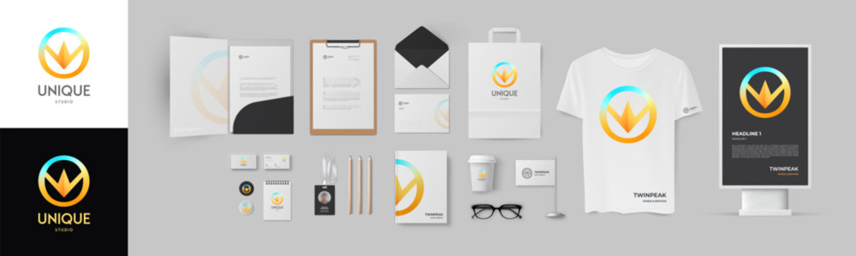 Branding design. Corporate style set with gradient colorful rainbow logo and black background. Minimal style design include folder, A4 form, business cards, envelope, t-shirt, notepad and lightbox.