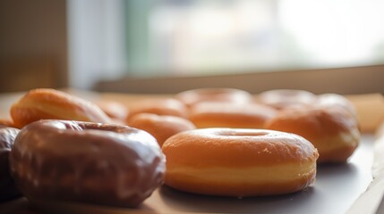 Leckerer mit Glasur überzogene Donuts in der Auslage einer Bäckerei