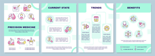 Precision medicine blue gradient brochure template. Genes studying. Leaflet design with linear icons. 4 vector layouts for presentation, annual reports. Arial-Black, Myriad Pro-Regular fonts used