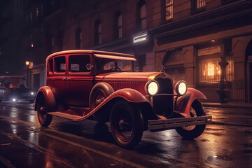 Concept art vintage red car drive at night on old new york street, generative ai