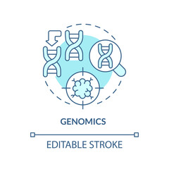 Genomics turquoise concept icon. Identifying genetic variations. Prevention of diseases risk. Precision medicine factor abstract idea thin line illustration. Isolated outline drawing. Editable stroke