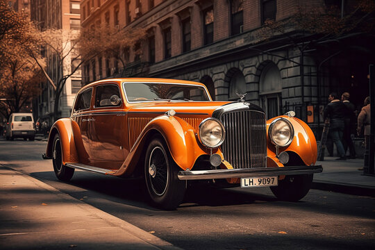 Concept art vintage luxury orange car drive on old  street, generative ai