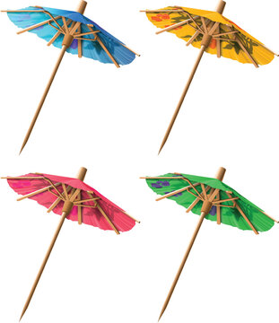 Set of four cocktail umbrellas in different colors. Highly realistic illustration.
