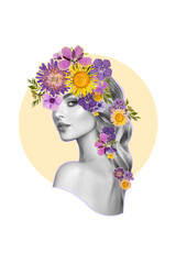 Abstract art collage of a young beautiful woman with flowers on her head. Conceptual fashion art design in a modern style