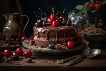 A delicious chocolate cake with fresh berries and cherries. Generative AI
