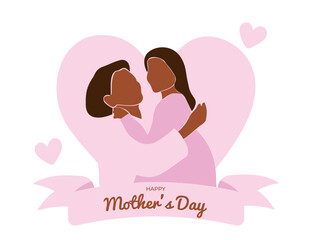 Happy Mother's Day card. Black mom hugs the child. Mother hugs her daughter. Faceless vector illustration. EPS 10.