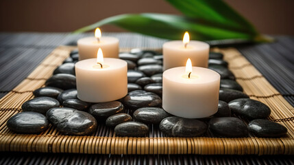 Fototapeta na wymiar Spa Massage Stones With Candles And Towels On Bamboo Mat, generative ai