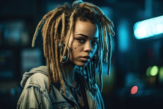 A portrait of a cute girl with dreadlocks in a cyberpunk style depicts a futuristic image with a touch of rebellion and individuality. Generative AI.
