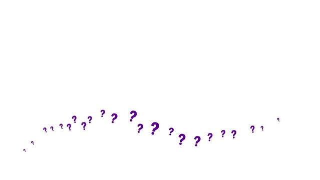 Animated violet question mark fly from left to right. A wave of flying symbol. Looped video. Flat vector illustration isolated on a white background.