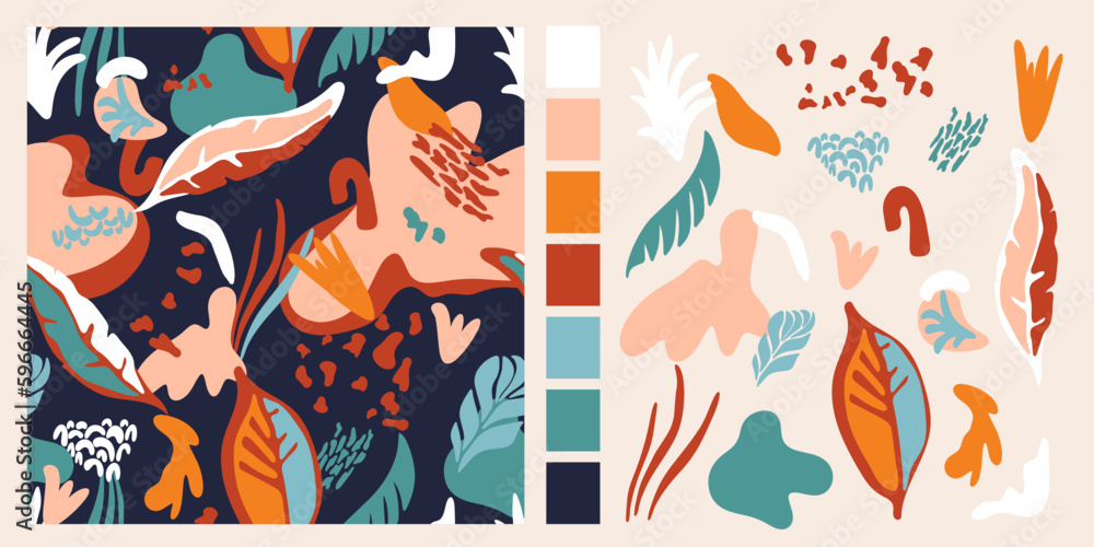 Poster seamless modern pattern with hand drawn shapes, dots and lines with textures, spots. abstract contem