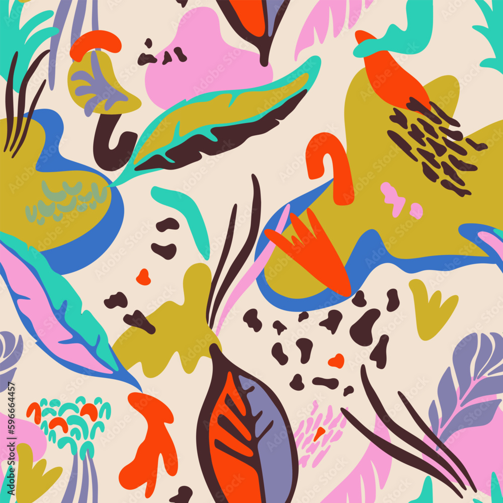 Poster seamless pattern with hand drawn shapes, dots and lines with textures, spots. abstract contemporary 