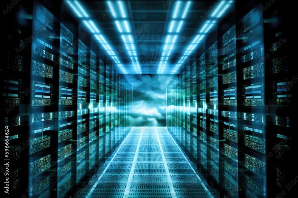 Poster data center hallway filled with neatly organized rows of servers. generative ai