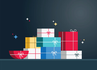 Gift box pile. Color gift boxes with bright ribbons and bows, lots of wrapped presents, Christmas or birthday stylish wrap, holiday symbol flat vector isolated concept
