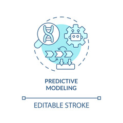 Predictive modeling turquoise concept icon. Analyze datasets of patient information. AI and ML in precision medicine abstract idea thin line illustration. Isolated outline drawing. Editable stroke