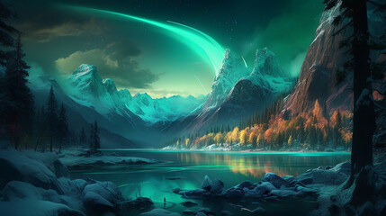 Fototapeta na wymiar night mountain landscape, green glow in the sky with clouds, moon, galaxy. ai generative