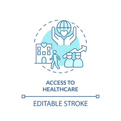 Access to healthcare turquoise concept icon. Providing medical service. Patient support. Social determinant of health abstract idea thin line illustration. Isolated outline drawing. Editable stroke - obrazy, fototapety, plakaty