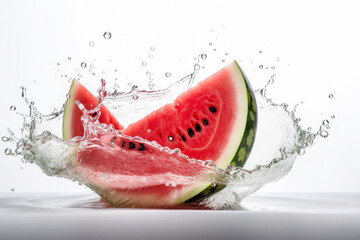 Fresh watermelon slice splashing water. AI generative.