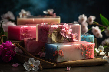 handmade soap for gift with spring floral background. ai generative