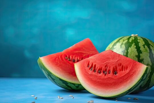 Fresh watermelon slices on blue background. AI generative.