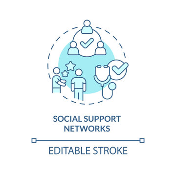 Social Support Networks Turquoise Concept Icon. Promote Good Health And Prevent Illness. Public Determinant Of Health Abstract Idea Thin Line Illustration. Isolated Outline Drawing. Editable Stroke