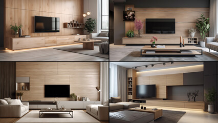 Modern living room with wooden tv cabinet. Set of four living rooms. Generative ai and digital editing.