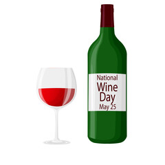 National Wine Day. 25 May. Wine bottle and glass with wineglass. Can be used as invitation banner for wine party or as menu cover for wine bar. Vector illustration.