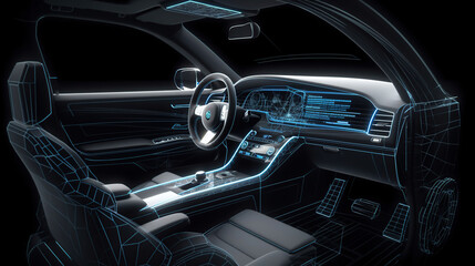 Wireframe of modern car with hi tech user interface details in dark environment (3D Illustration), generative ai