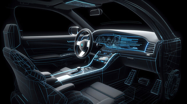 Wireframe of modern car with hi tech user interface details in dark environment (3D Illustration), generative ai