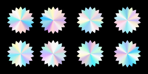 Set of realistic round flower-shaped holograms. Rainbow color gradient. Multicolored texture.3d vector illustration on a black background.