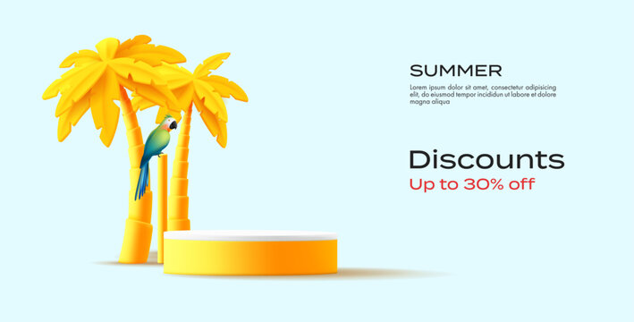 3D stage podium mockup with palm trees and parrot, yellow render graphic, promo discounts banner