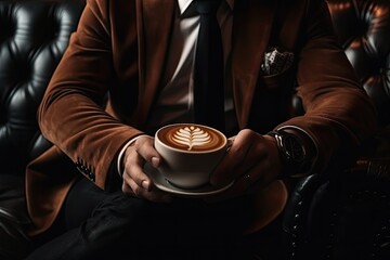 Close up. Young man in work clothes with hot coffee in a cafe