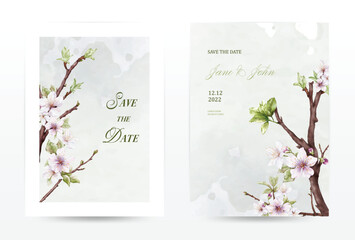 Watercolor cherry blossoms invitation green template cards set