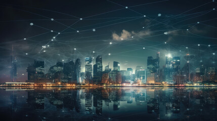 Naklejka premium Modern city and connected technology with wireless network connection