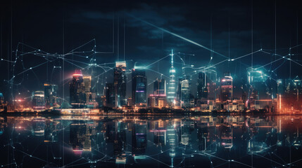 Modern city and connected technology with wireless network connection