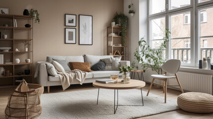 Fototapeta na wymiar Modern scandinavian style living room, with a minimalist theme and neutral color palette. Generative AI