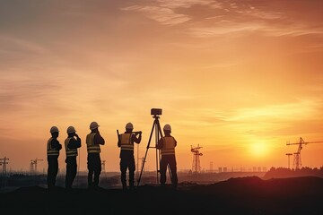 Silhouette Engineer standing command construction crew working on high ground heavy industry and safety concept over blurred nature background sunset pastel colors