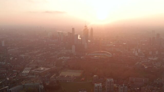 Aerial shot towards Vauxhall skyscrapers and the Oval cricket ground