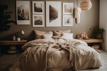 Warm and inviting Scandinavian-inspired bedroom with a neutral color scheme, featuring a wall gallery for a personal touch. Hygge vibes abound. Generative AI