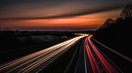 Fototapeta na wymiar Long exposure photo of traffic on the move at dusk on motorway, generative ai