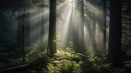 Beautiful Forest of Spruce Trees, Sunbeams through Fog create mystic Atmosphere, generative ai
